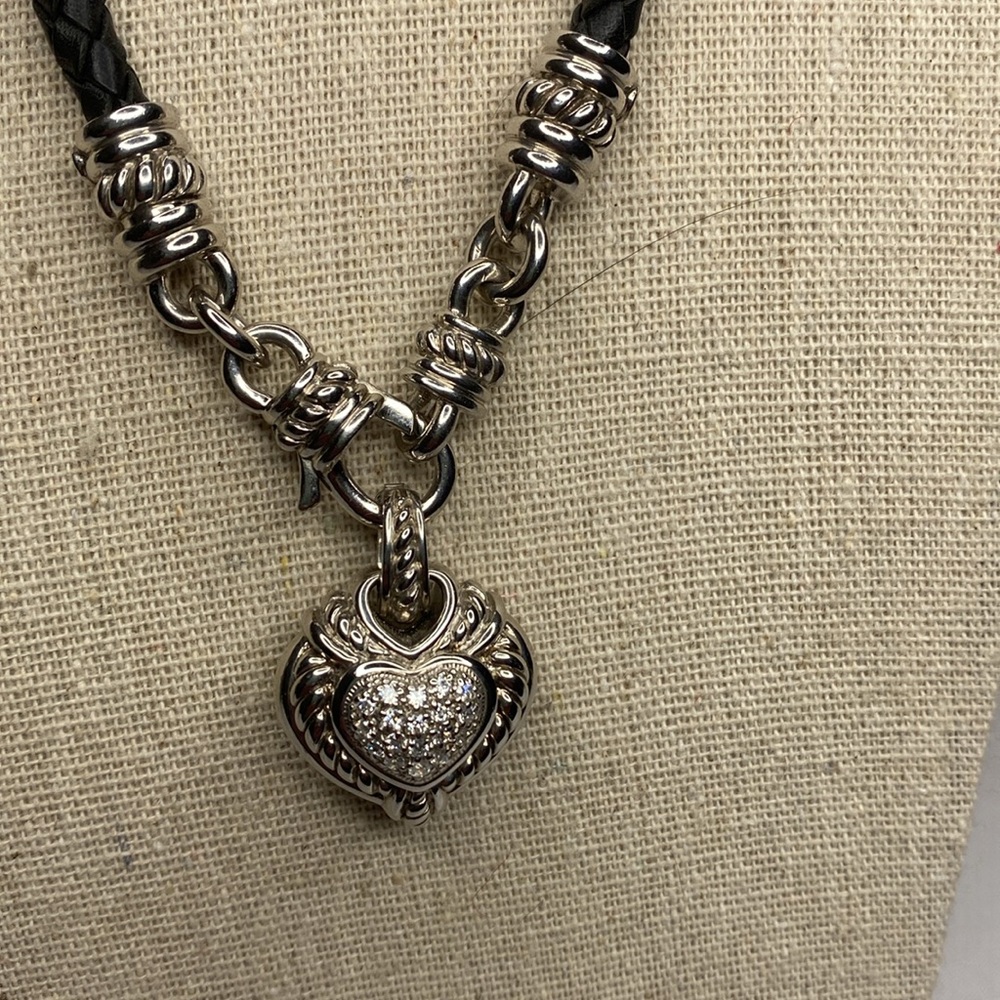 Judith Ripka Sterling Silver leather cord heart Diamonique necklace